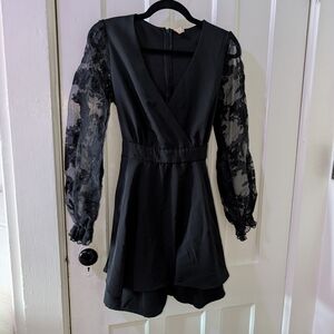 Black V-Neck Long Sleeve Lace-Sleeve Mini Dress